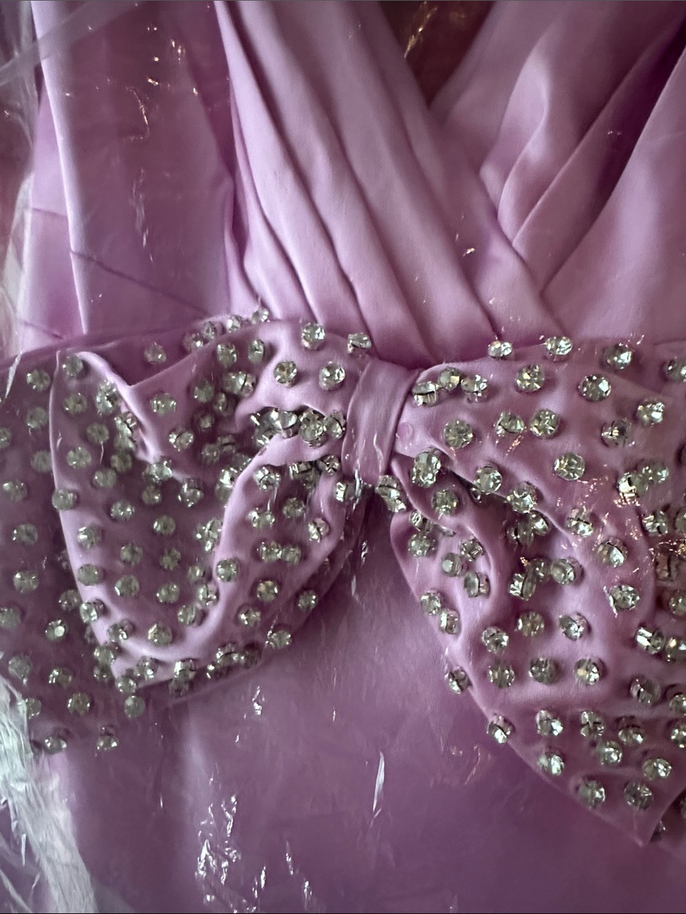 💜#70 BNWT Mac Duggal 68144 Lilac Satin Dress with Crystal-Embellished Bow - Picture 9 of 9